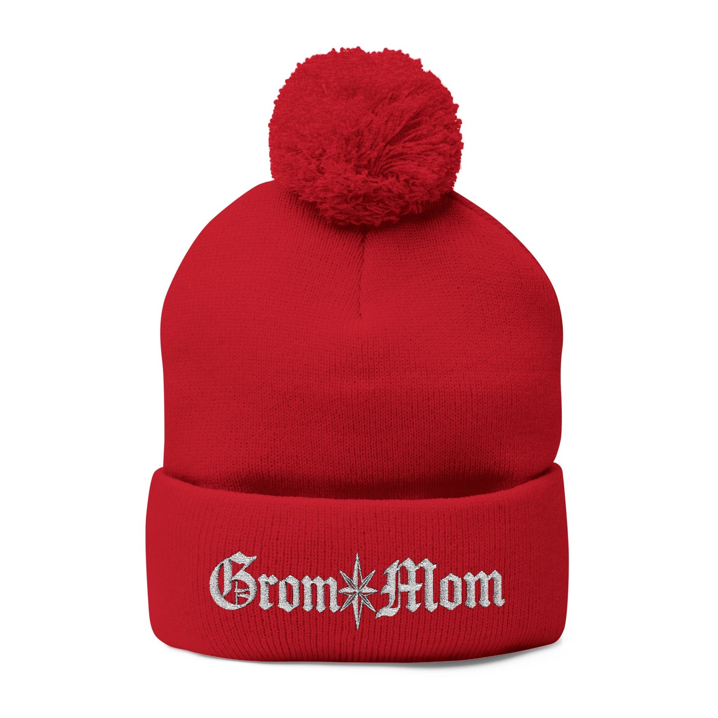 Embroidered Grom Mom Pom-Pom Beanie