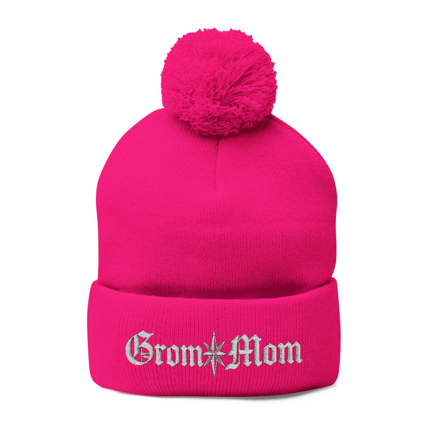 Embroidered Grom Mom Pom-Pom Beanie